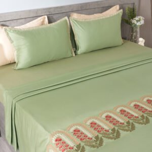 Eden Green Embroidered Bedsheet Set | Imperial Garden | Designer Embroidery | 1 Bedsheet with 2 Pillow Covers | Luxury Bedroom Décor (108″x108″/274cmx274cm)