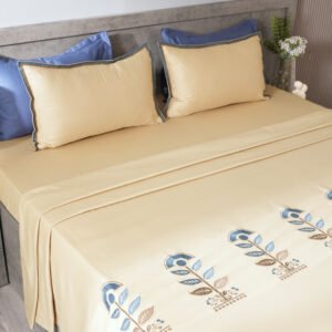 Cashmere Beige Embroidered Bedsheet Set | Neel Pushp | Designer Embroidery | 1 Bedsheet with 2 Pillow Covers | Luxury Bedroom Décor (108″x108″/274cmx274cm)